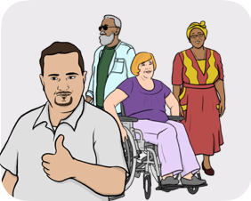 Group of people, including a man with his thumb up, a person in wheel chair, a blind man and a black woman